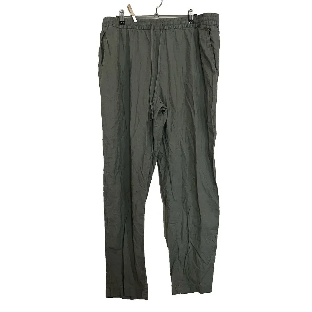 H&M Green Linen Cotton SZ XL Pants Wide Leg Elastic Waist High Rise Beach Resort